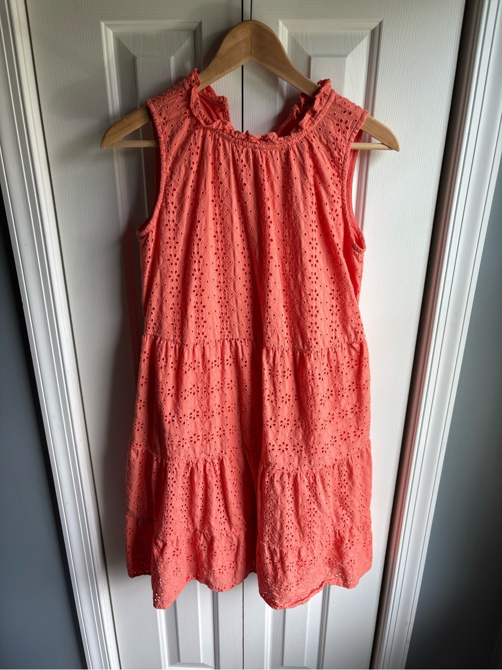 LOFT Lively Coral Eyelet Tiered Swing Dress Sleeveless Size XS